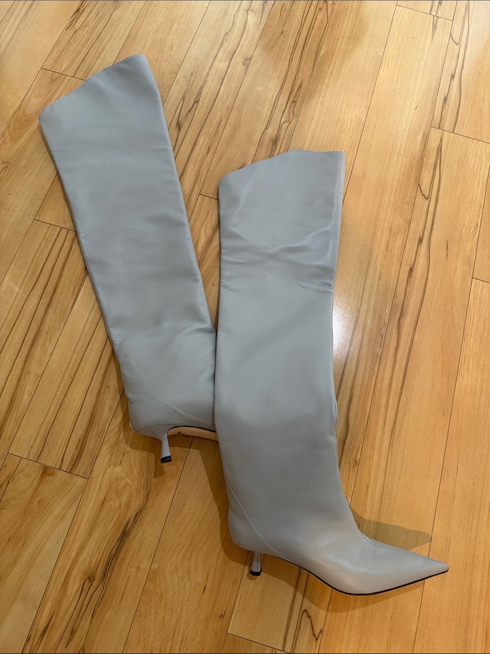 Jimmy Choo Thigh- High Pointed-Toe Kitten Heel Boots - Light Gray -